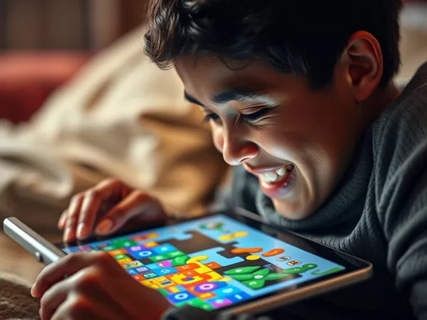 Player deeply engaged and smiling while playing Ball Sort Puzzle